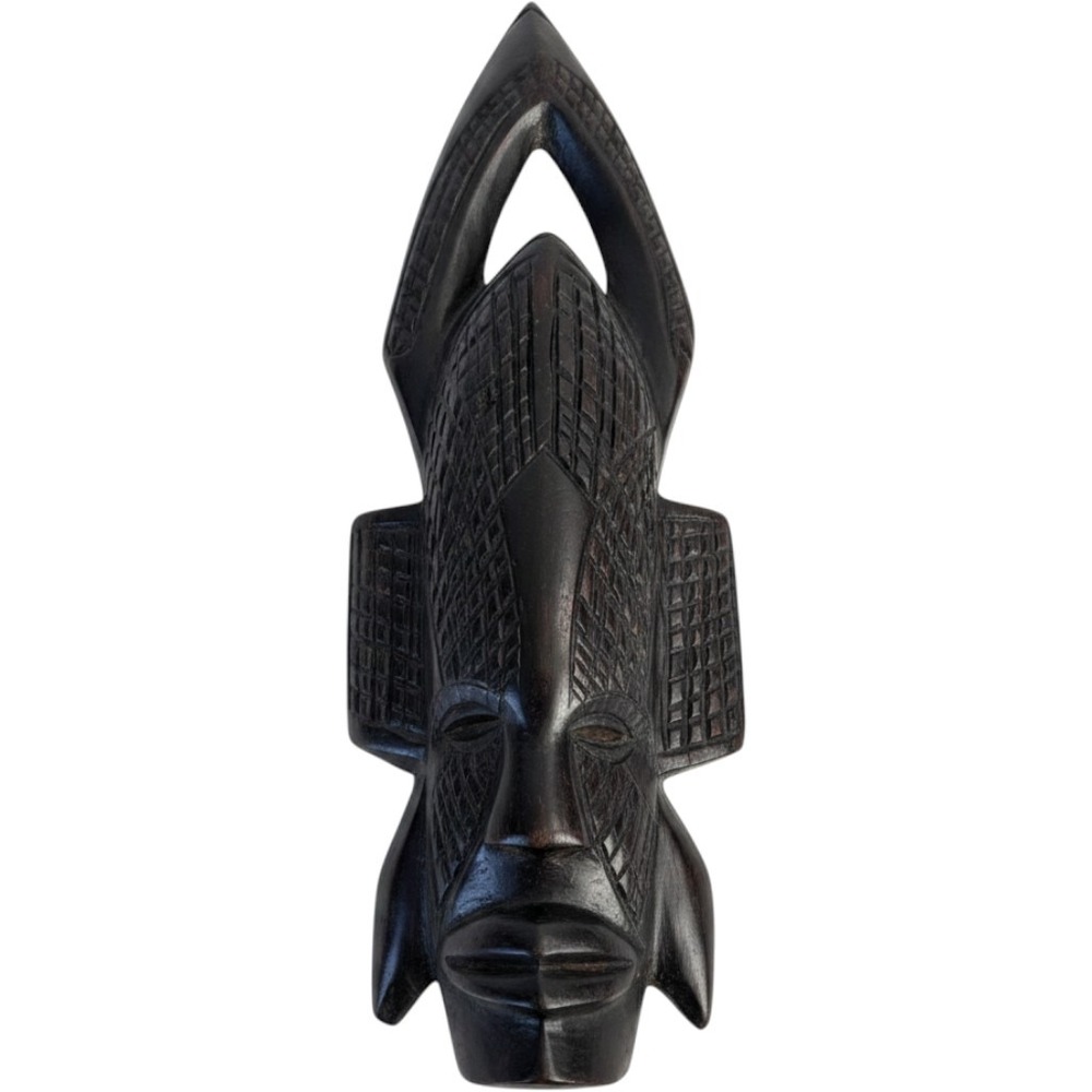 Hand Carved African Tribal Mask Wooden Wall Art Sculpture Black Geometric Design